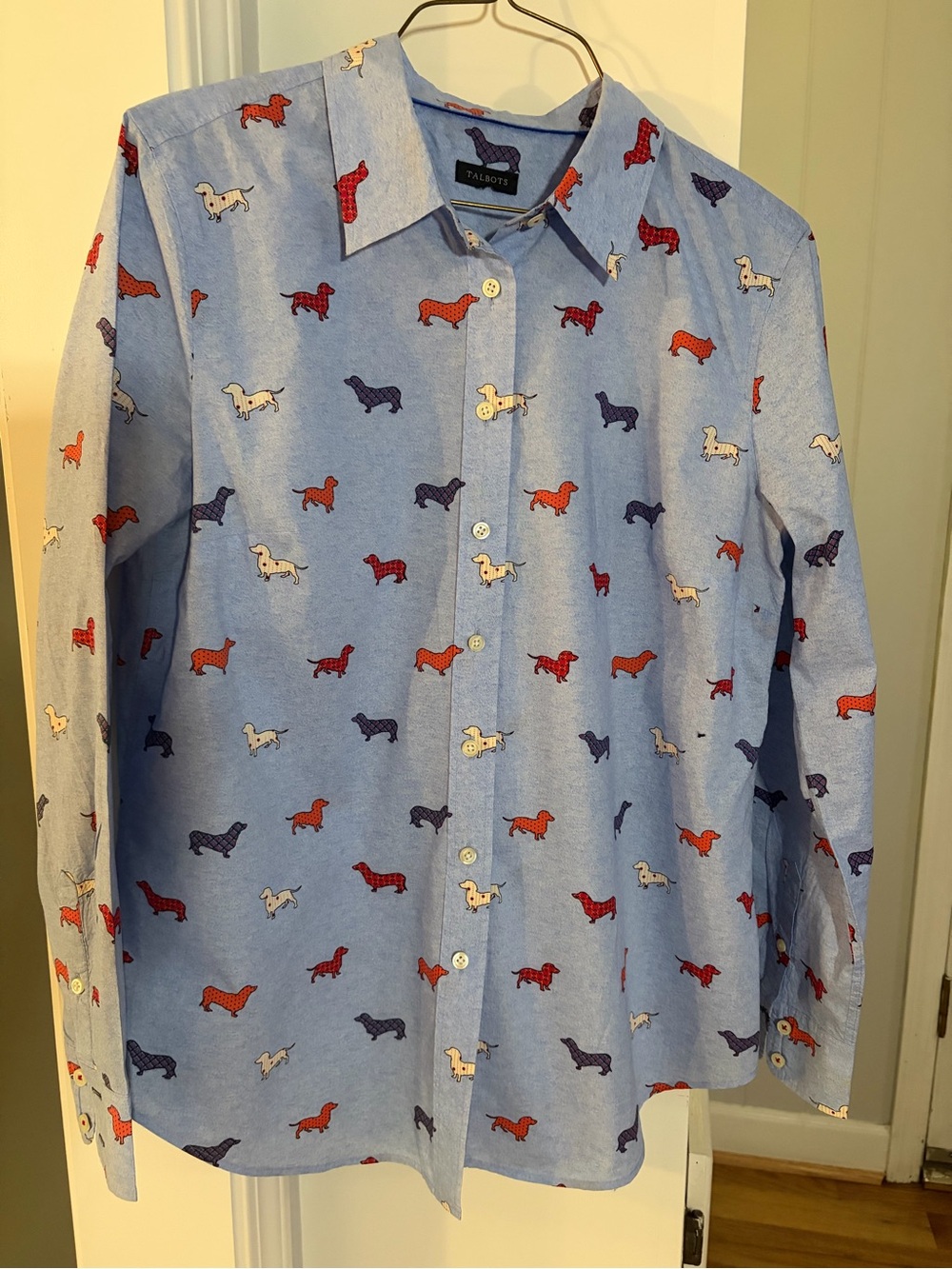 Talbots Light Blue Button-Down Shirt with Red, Navy & White Dachshund Print